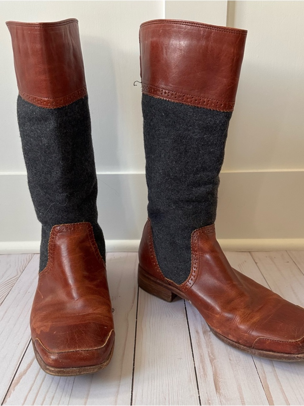 Wolverine Tall, Two-Tone, Brown Leather, and Grey Wool Riding Boots, Women’s 9